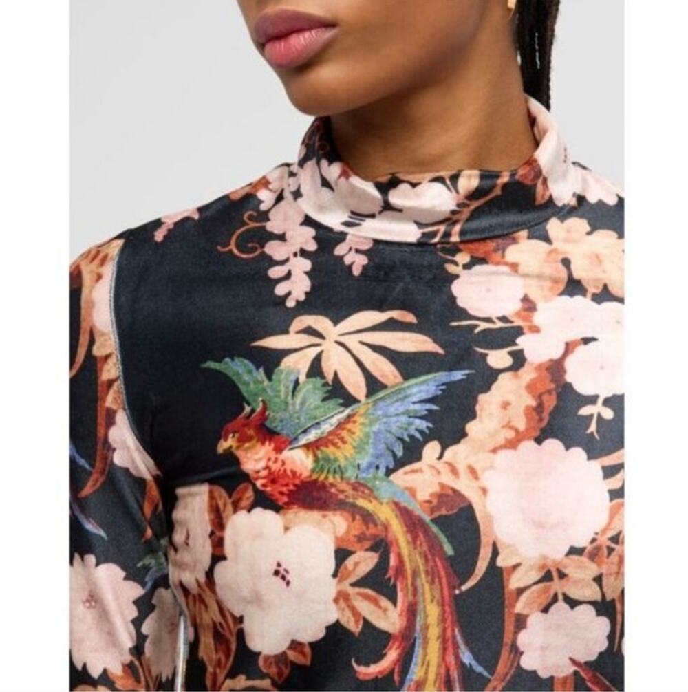 Cara Cara Revolve Top S Suzie Velvet Floral Stretch Mock Neck Bird Boho Black